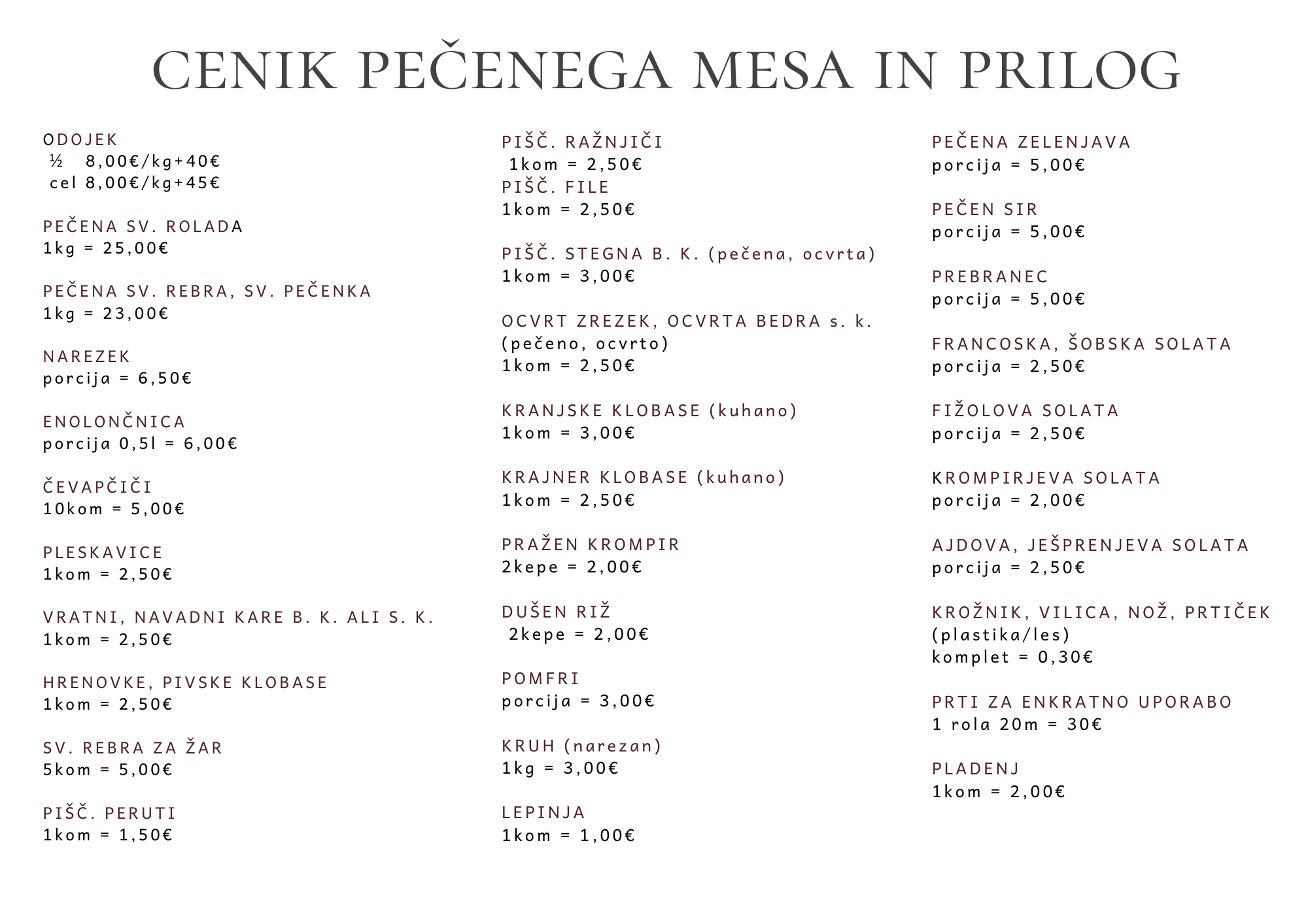 Cenik pečenega mesa in prilog Gostilne Križnik